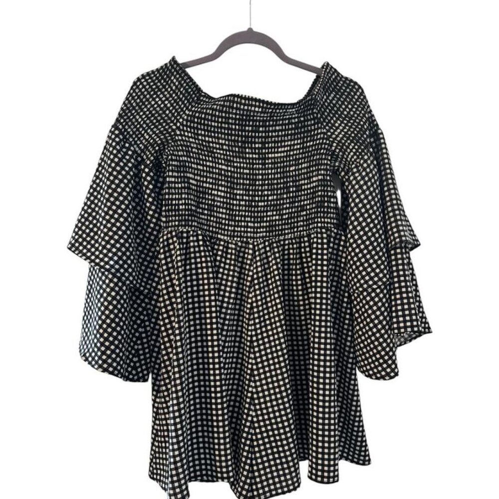 Venus Black & White Gingham Flowy Off Shoulder Smocked Romper // Cottagecore